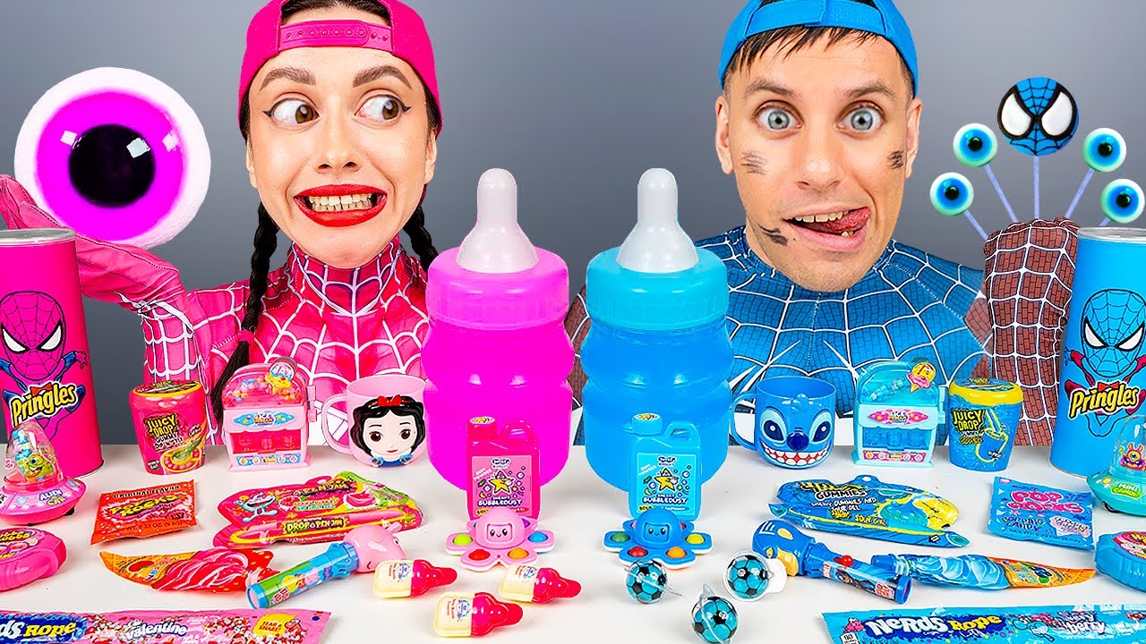 Pink Food vs Blue Food Challenge Pink vs Blue Spiderman Mukbang by HUBABANG