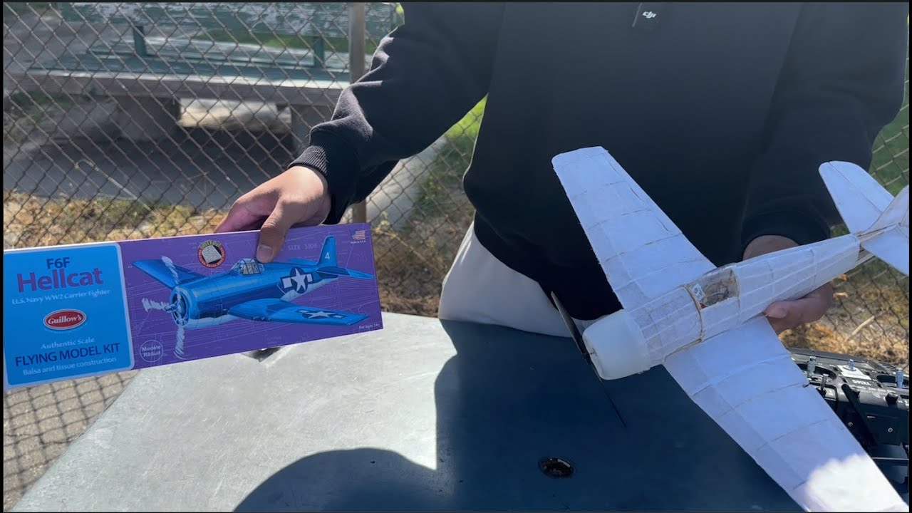 GUILLOW'S F6F HELLCAT - MAIDEN FLIGHT! RUBBER POWER CONVERTED TO RC!