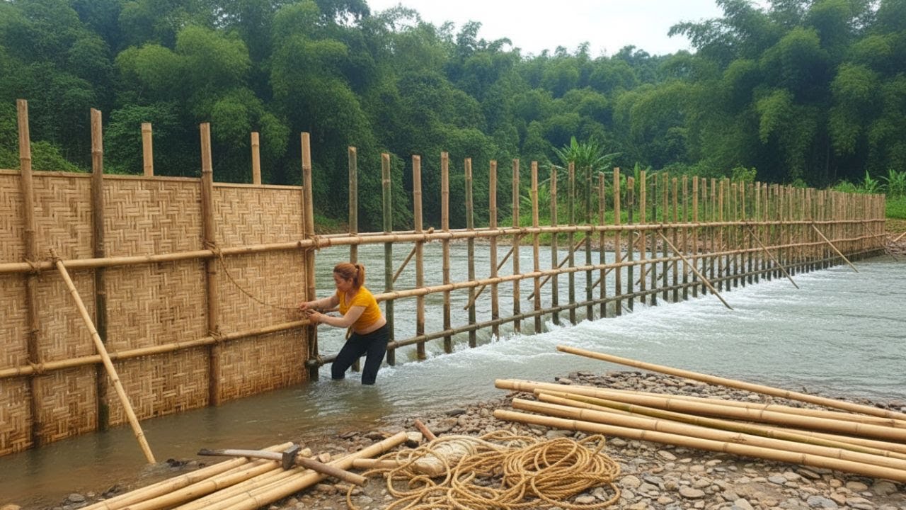 TIMELAPSE – Building a Massive Bamboo Fence to Redirect Water Flow to a Fish Trap