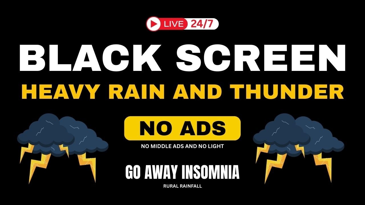 🔴 Heavy Rain and Thunder Sounds for Sleeping — NO ADS Rain White Noise | Black Screen. Live Stream