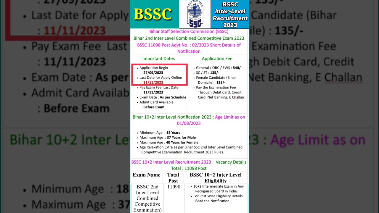 Bihar BSSC 10+2 Inter Level Recruitment 2023 //Bihar 10+2 Inter Level Vacancy #recruitment #jobs 👍👍