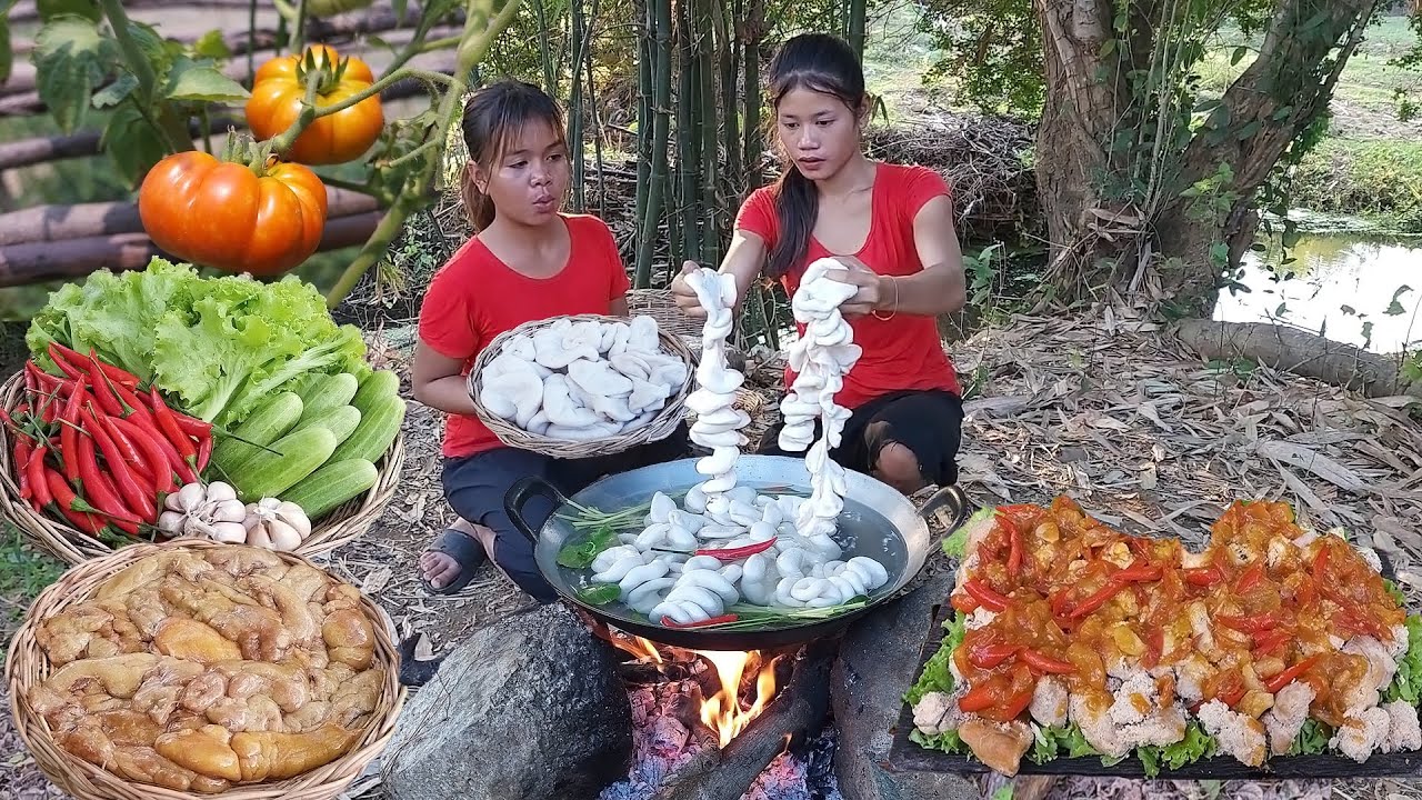 Pork intestine spicy cooking for dinner, Fish egg salad cooking with tomato and Eating delicious