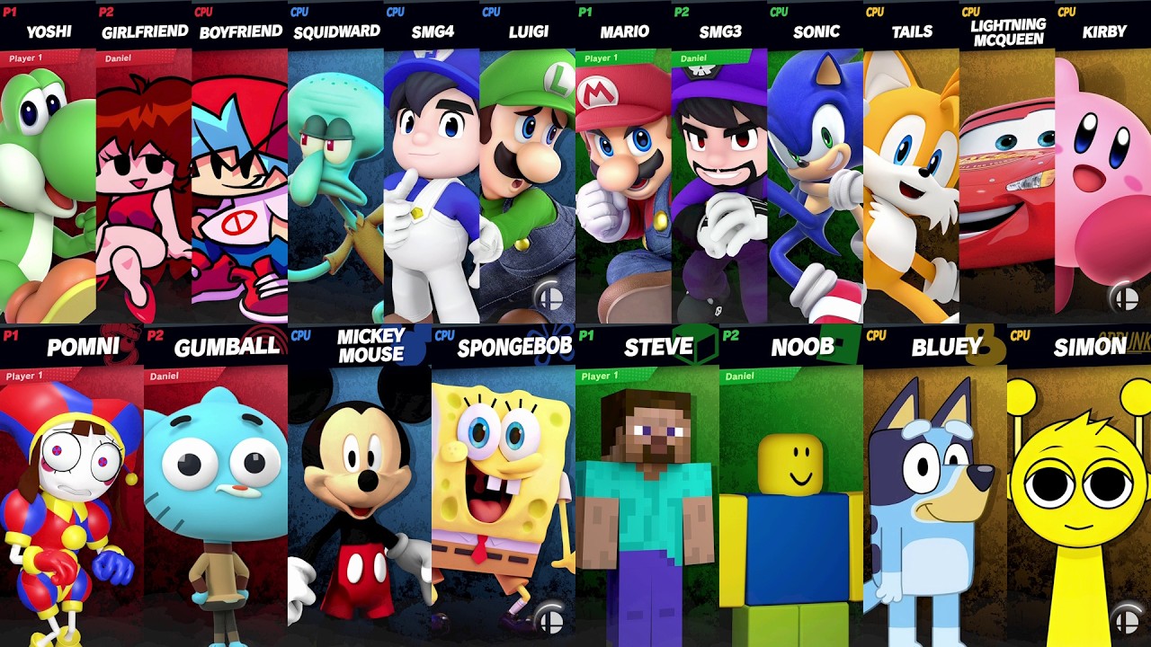 NEW Sonic vs Mario vs Roblox vs Minecraft vs Car vs Bluey vs SpongeBob vs Mickey in Super Smash Bros