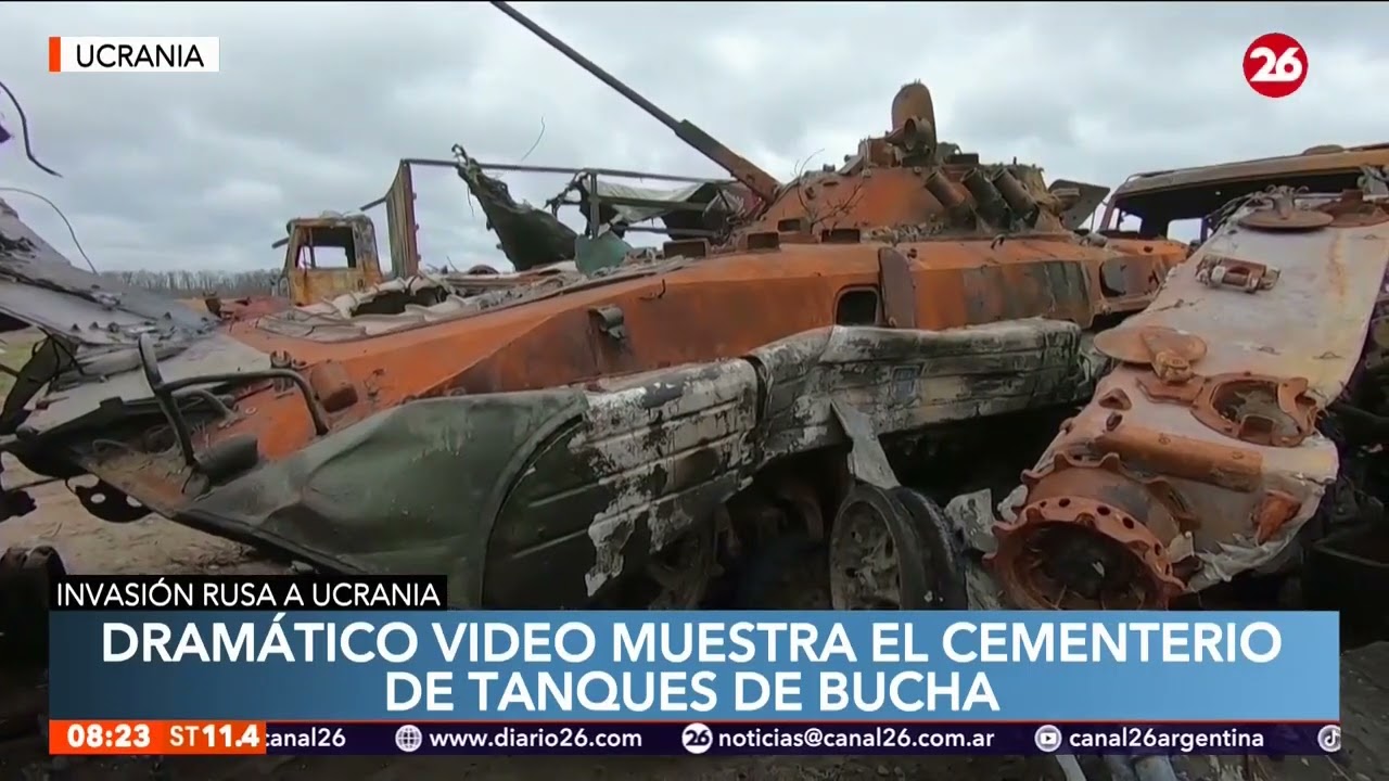 Dramático video muestra el cementerio de tanques de Bucha