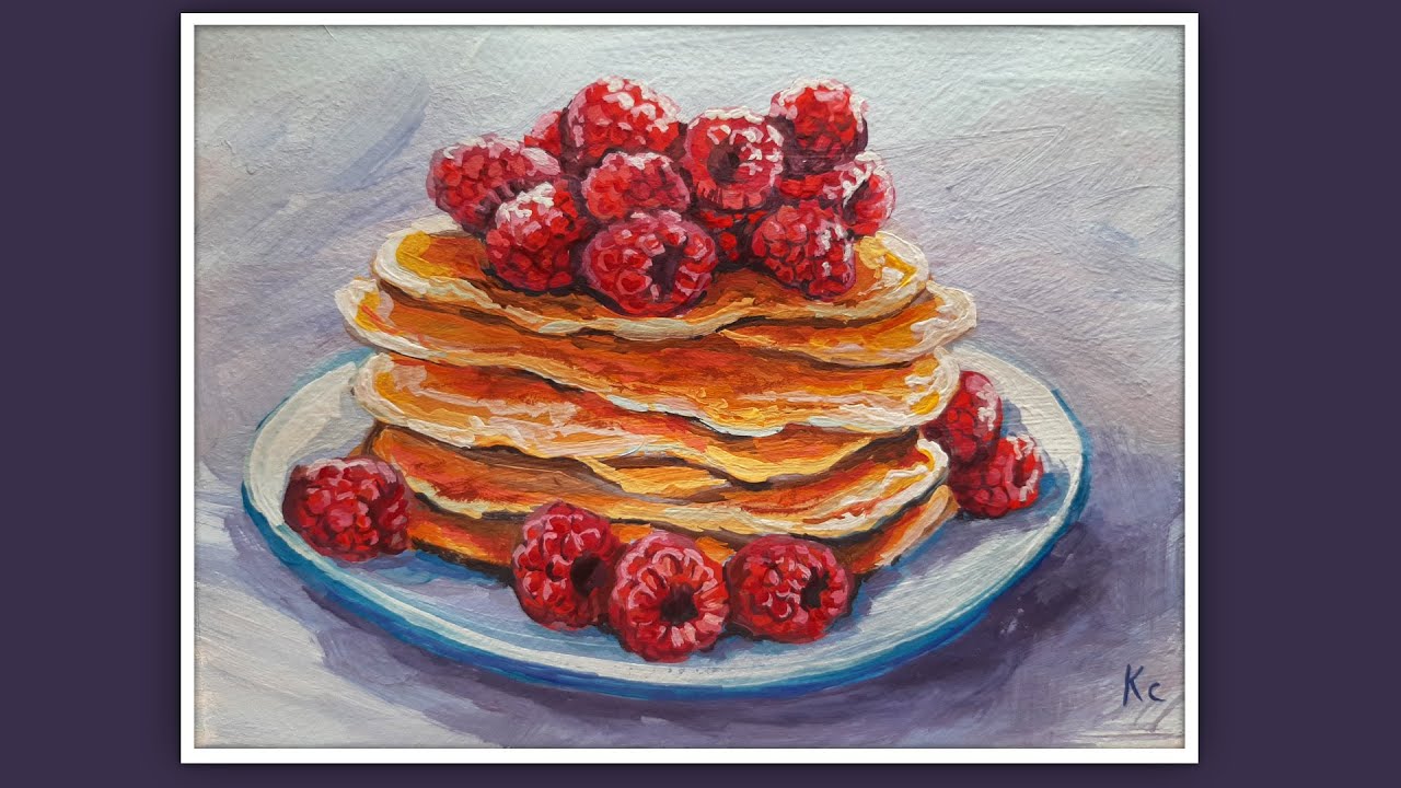 КАК НАРИСОВАТЬ БЛИНЫ🥞РИСУЕМ БЛИНЫ. БЛИНЫ  НА МАСЛЕНИЦУ. БЛИНЫ С МАЛИНОЙ.РИСУЕМ  ЯГОДЫ МАЛИНЫ ГУАШЬЮ