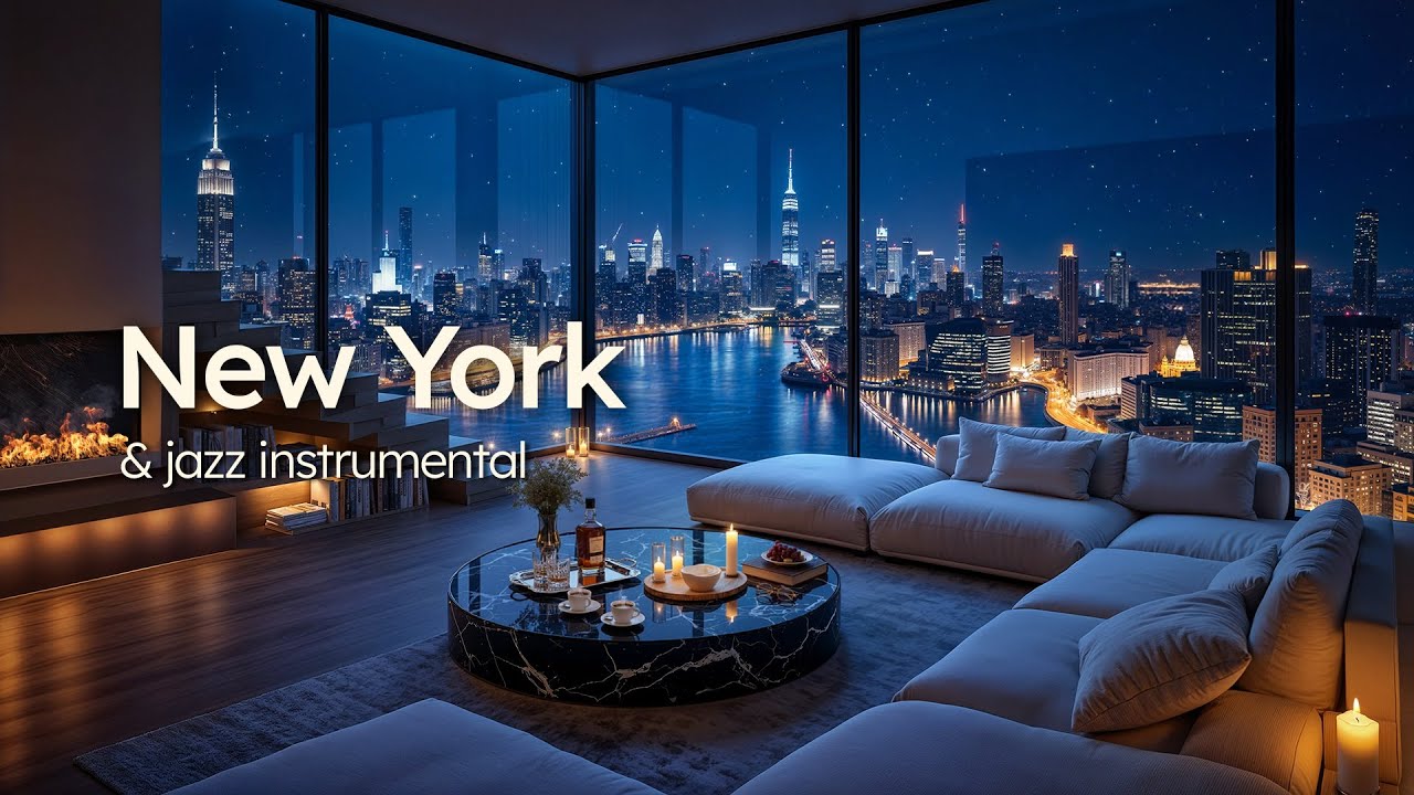 Luxury New York Apartment & Soft Jazz Instrumental | Cozy Fireplace Sounds for Work, Study