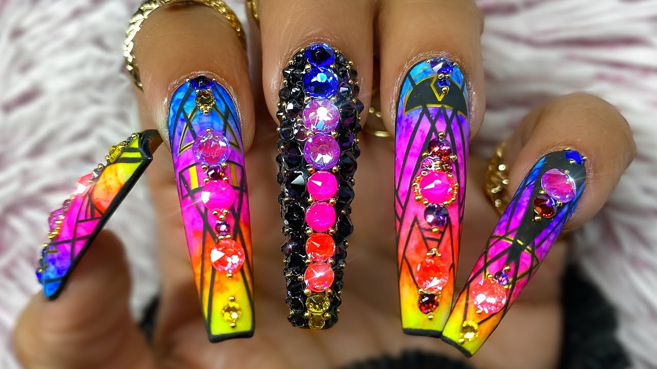 Neon Ombre Marble Nails ft. Water Decal Nail Stickers | Summer Nail Design|XL Coffin Swarovski Nails