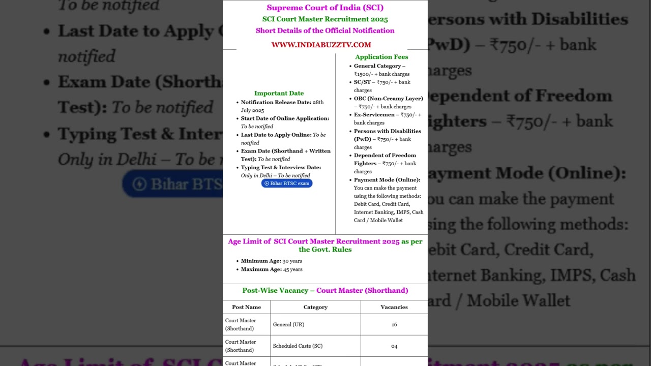 SCI Court Master Recruitment 2025: Apply for 30 Shorthand #latestgovtjobs #supremecourtofindia #job