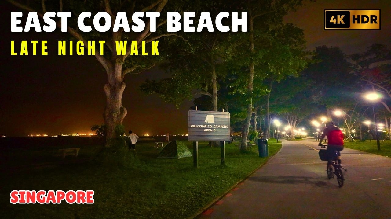Late Night Walk in East Coast Beach Singapore | 4k HDR Singapore Beach Walking Tour At Night