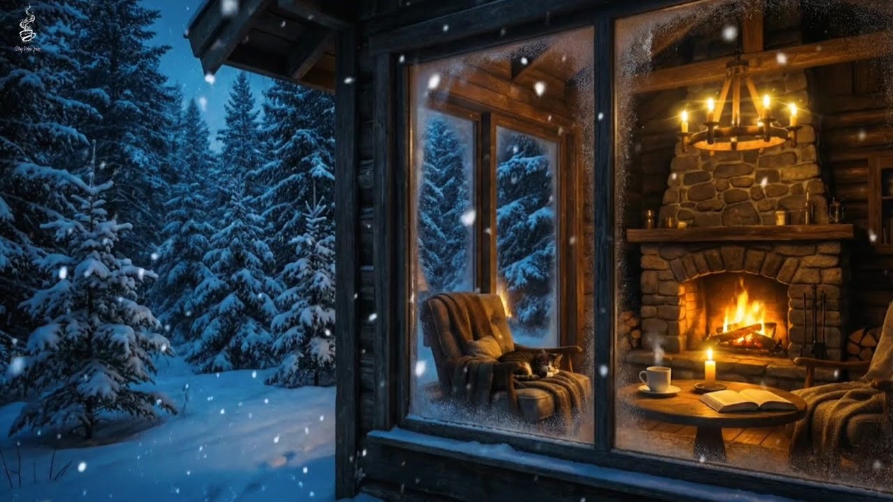 Snowy Night Jazz & Crackling Fireplace 🔥 Cozy Winter Cabin Ambience for Relaxation, Work & Read