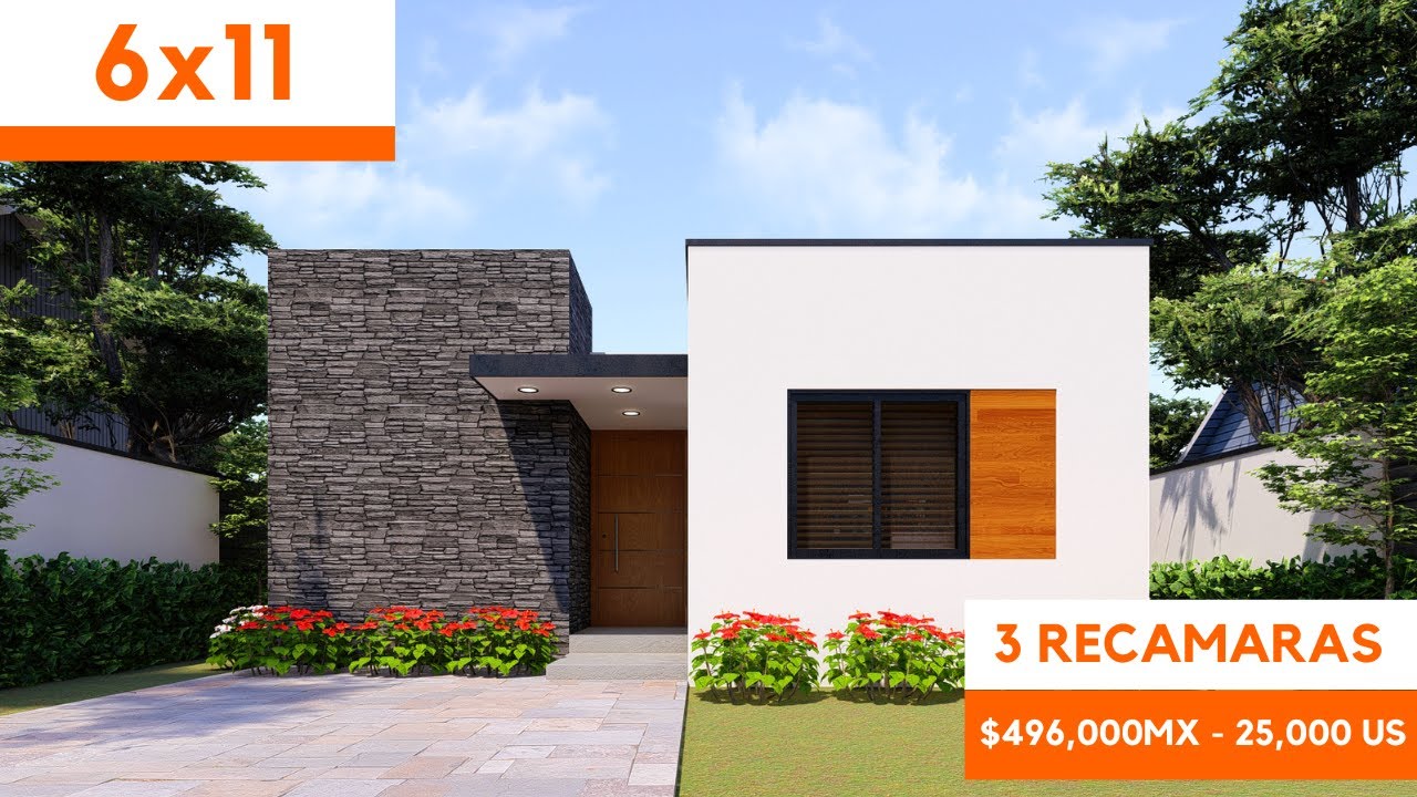 Plano de Casa pequeña y económica de  un piso de 6x11 con 3 Recamaras small house design ideas