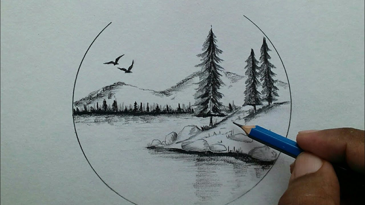 Nature scenery drawing easy step by step / pencil sketch scenery for beginners