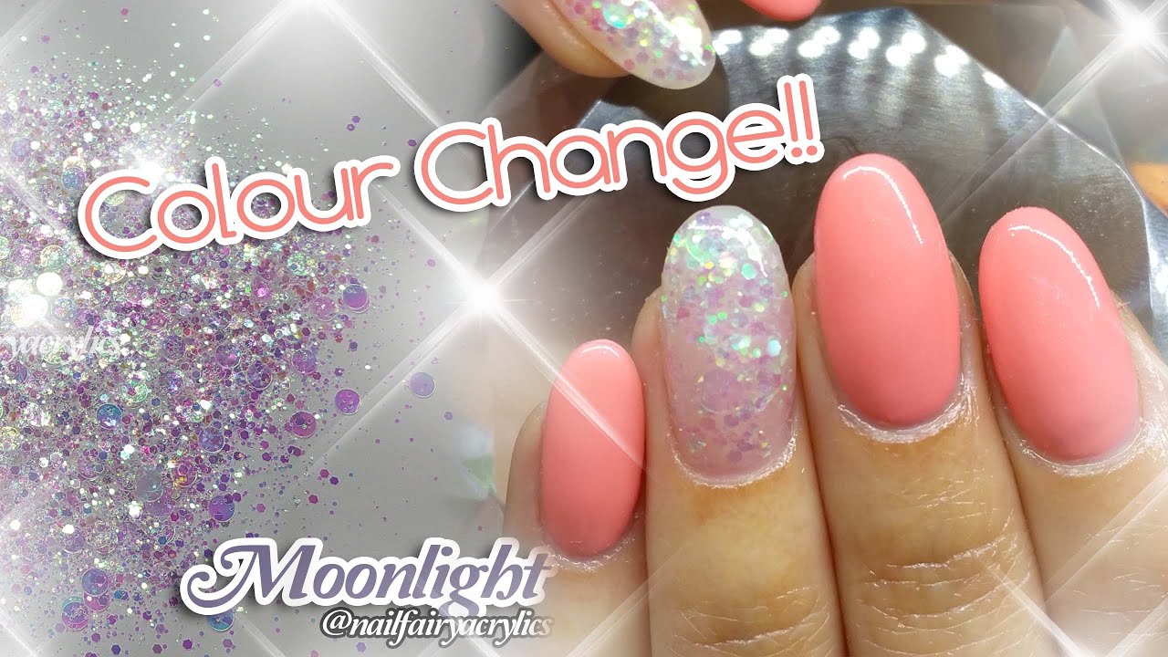 Acrylic nails design with colour change gel polish | featuring Moonlight glitter