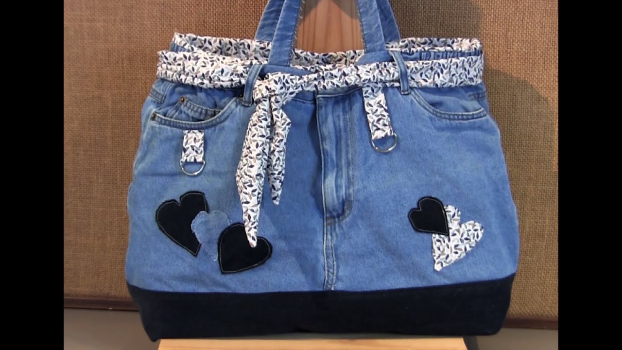 Sac cabas jean recyclé cœurs, méthode pour toutes tailles DIY déb très facile.
