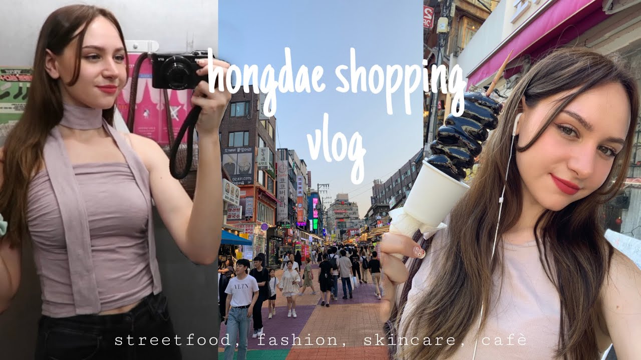 exploring the shopping street in HONGDAE - Korean street food, fashion, skincare, cafe - Seoul vlog
