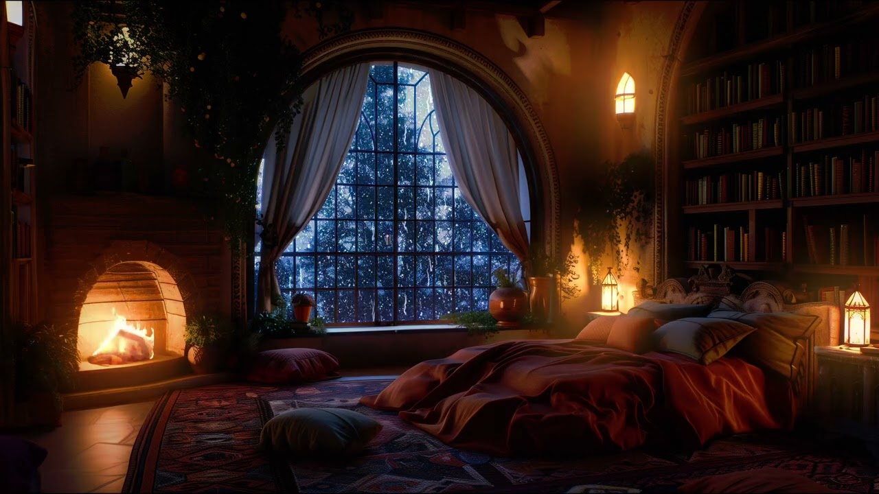 Heavy Thunderstorm in a Cozy Castle Room with Rain and Fireplace Sounds