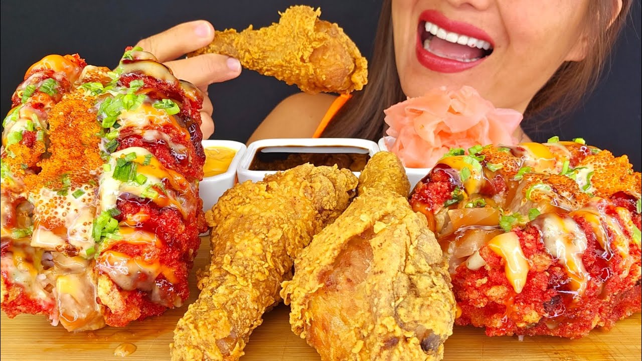 CRISPY CRUNCHY FRIED CHICKEN & SUSHI HOTDOGS!  ASMR MUKBANG OMAD MESSY EATING NOISES BIG BITES