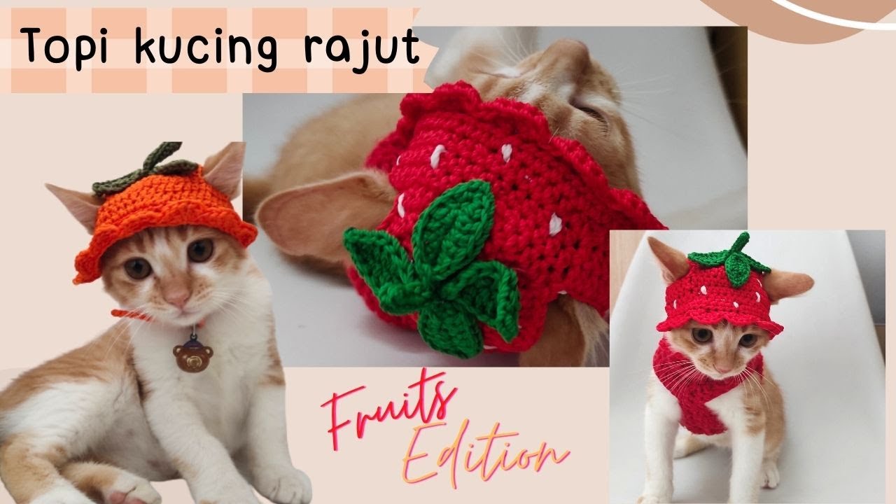 Strawberry Cat's hat🍓 | Tutorial merajut topi kucing mudah & cepat
