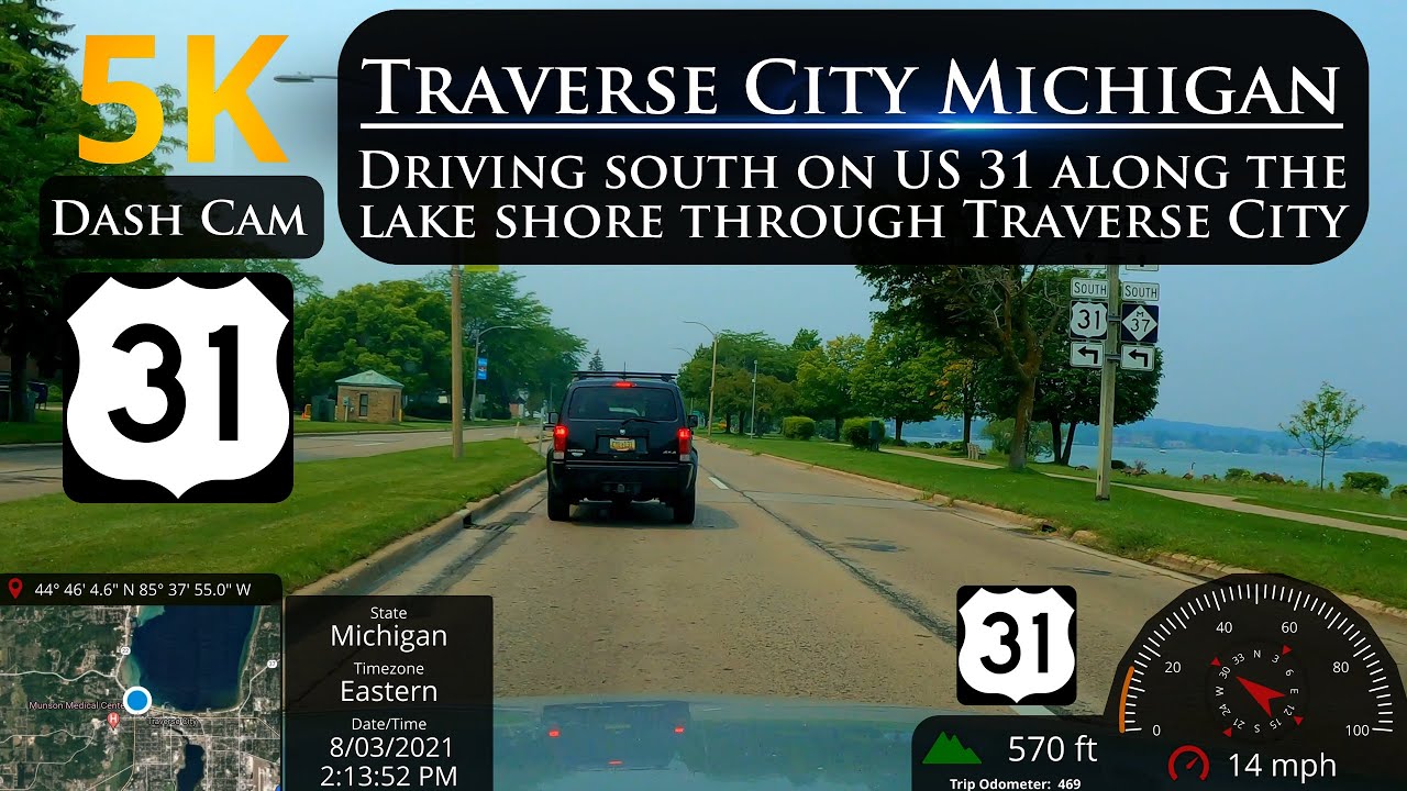 US 31 along Grand Traverse Bay through Traverse City Michigan in 5K ULTRA HD