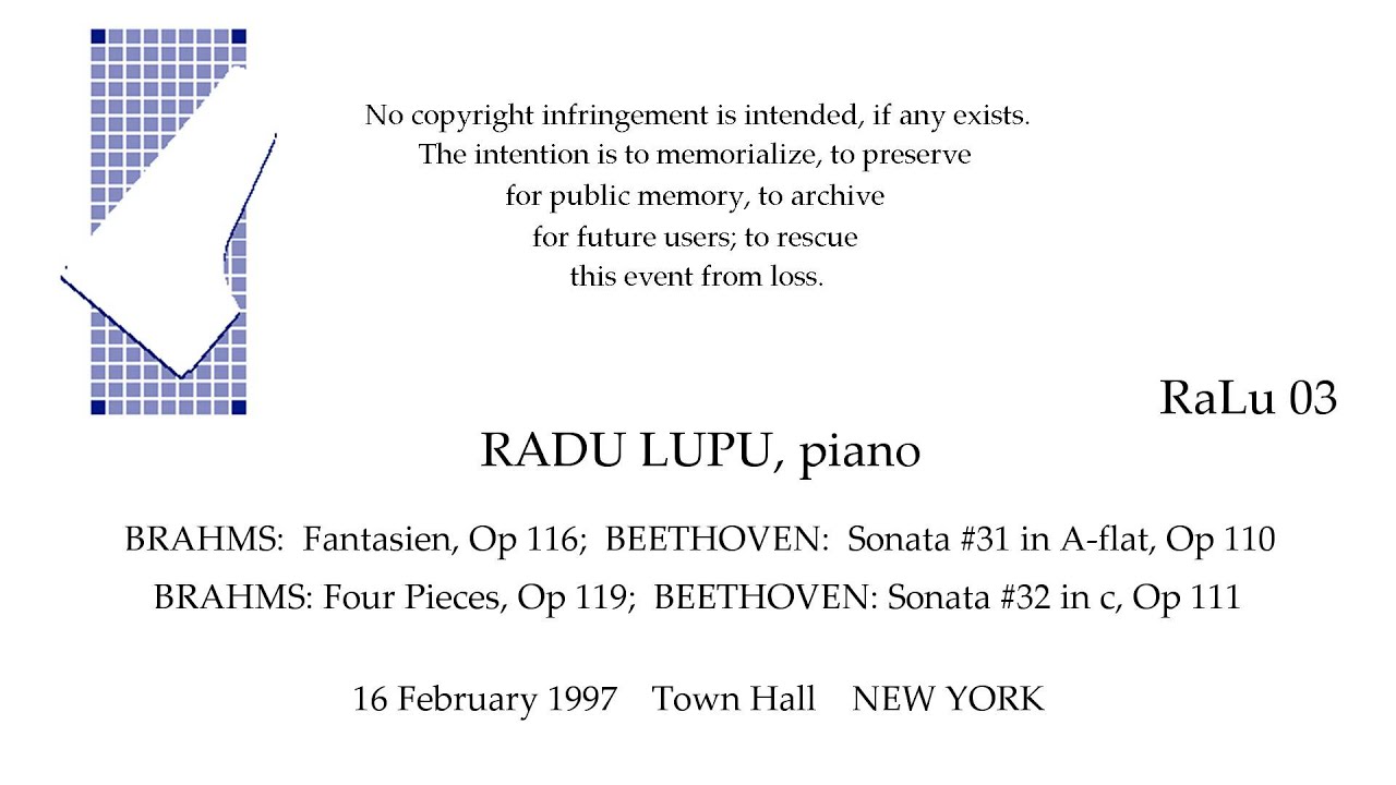 RADU LUPU Recital  16 February 1997  Town Hall  NEW YORK