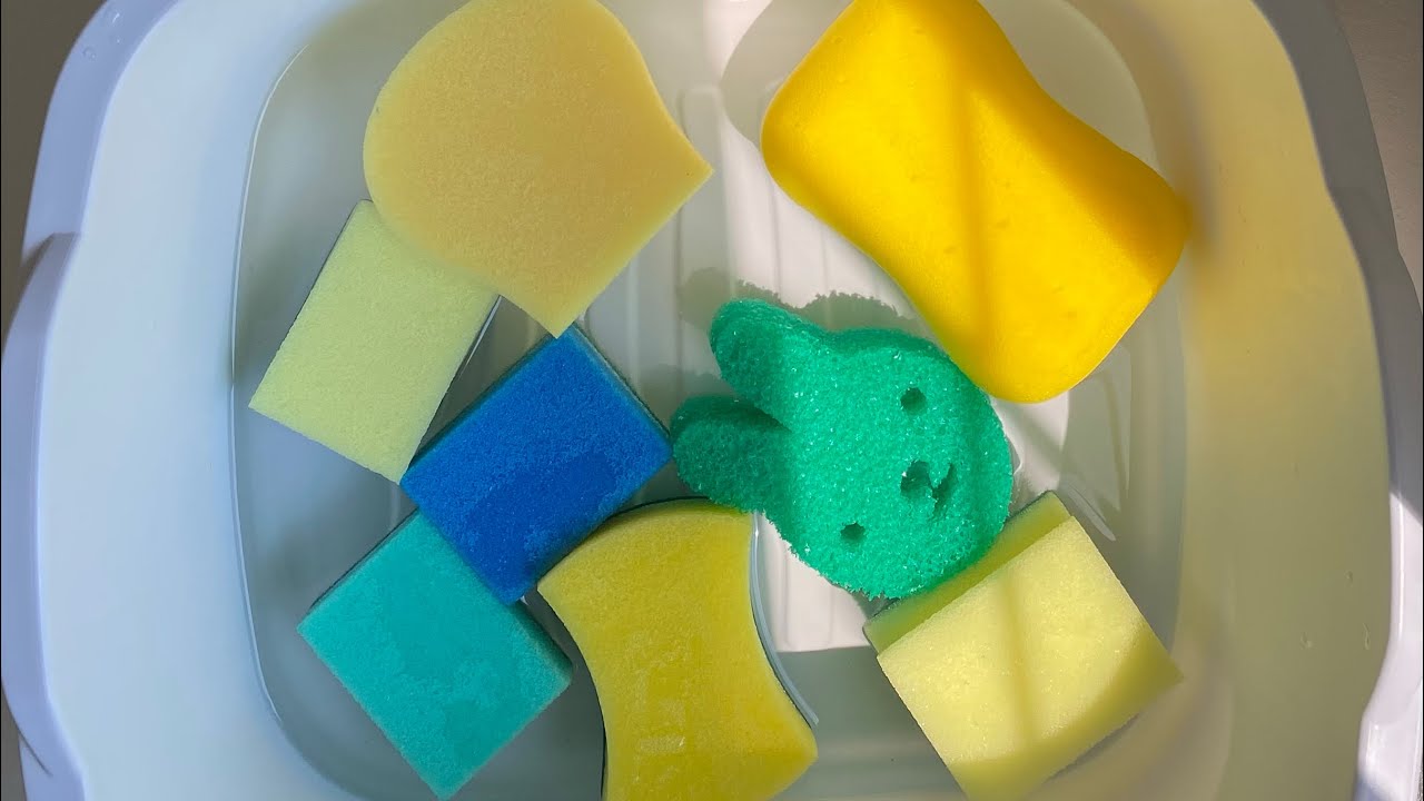 ASMR bulk wet sponge ripping - kitchen / bath / car sponges in warm water
