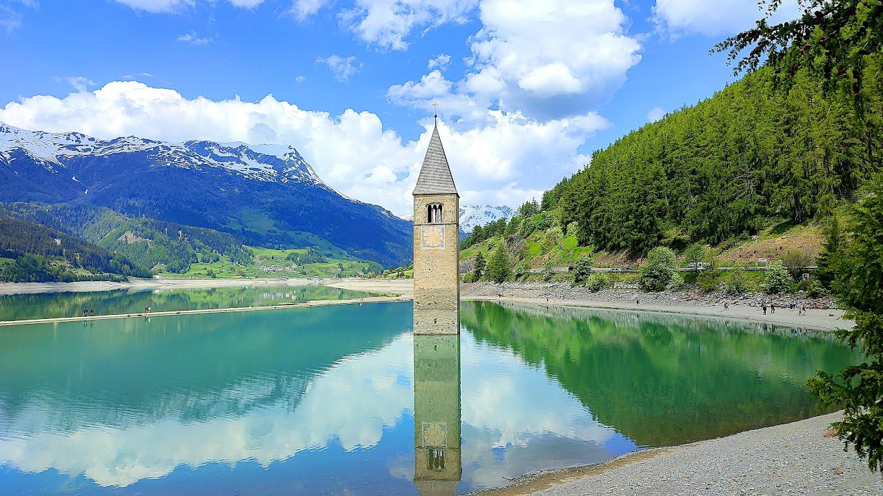 Lake Resia (Reschensee) ITALY • Virtual Walking Tour in 4K ASMR