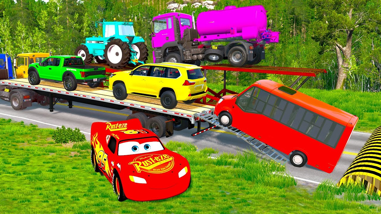 Flatbed Truck McQueen | Transportation with Truck - Pothole vs Car #8 | BeamNG.Drive Gameplay