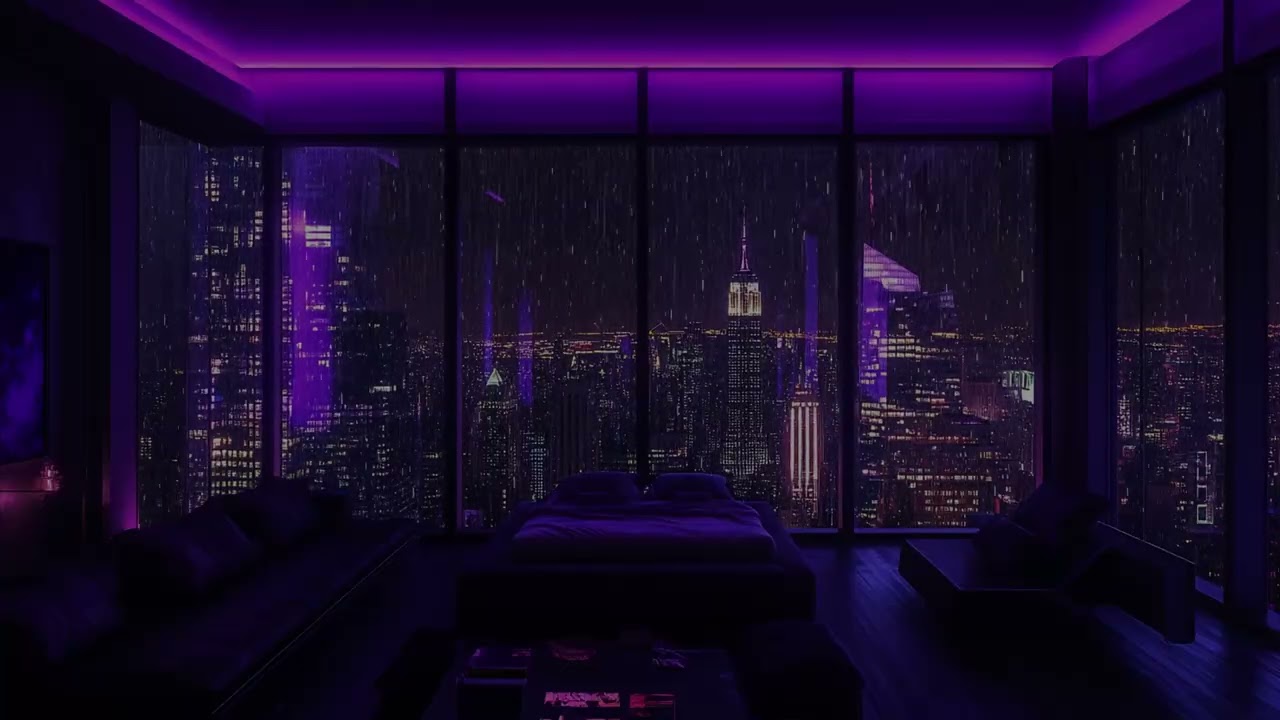 Rainy Night in a Luxury NYC Apartment 🌙☔ Purple Neon Bedroom & Soothing Rain Sounds