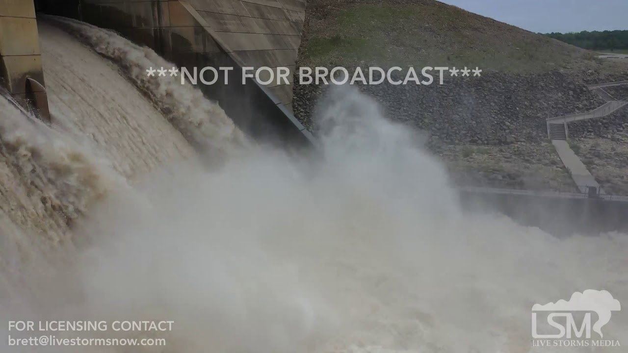 5-22-2019 Ponca City, Ok Kaw Dam high volume water release from drone after torrential rain flooding