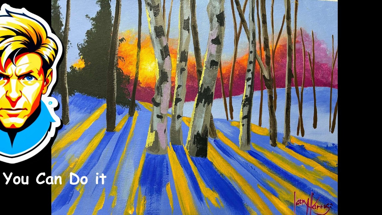 How to paint sun setting behind birch trees in Acrylic #