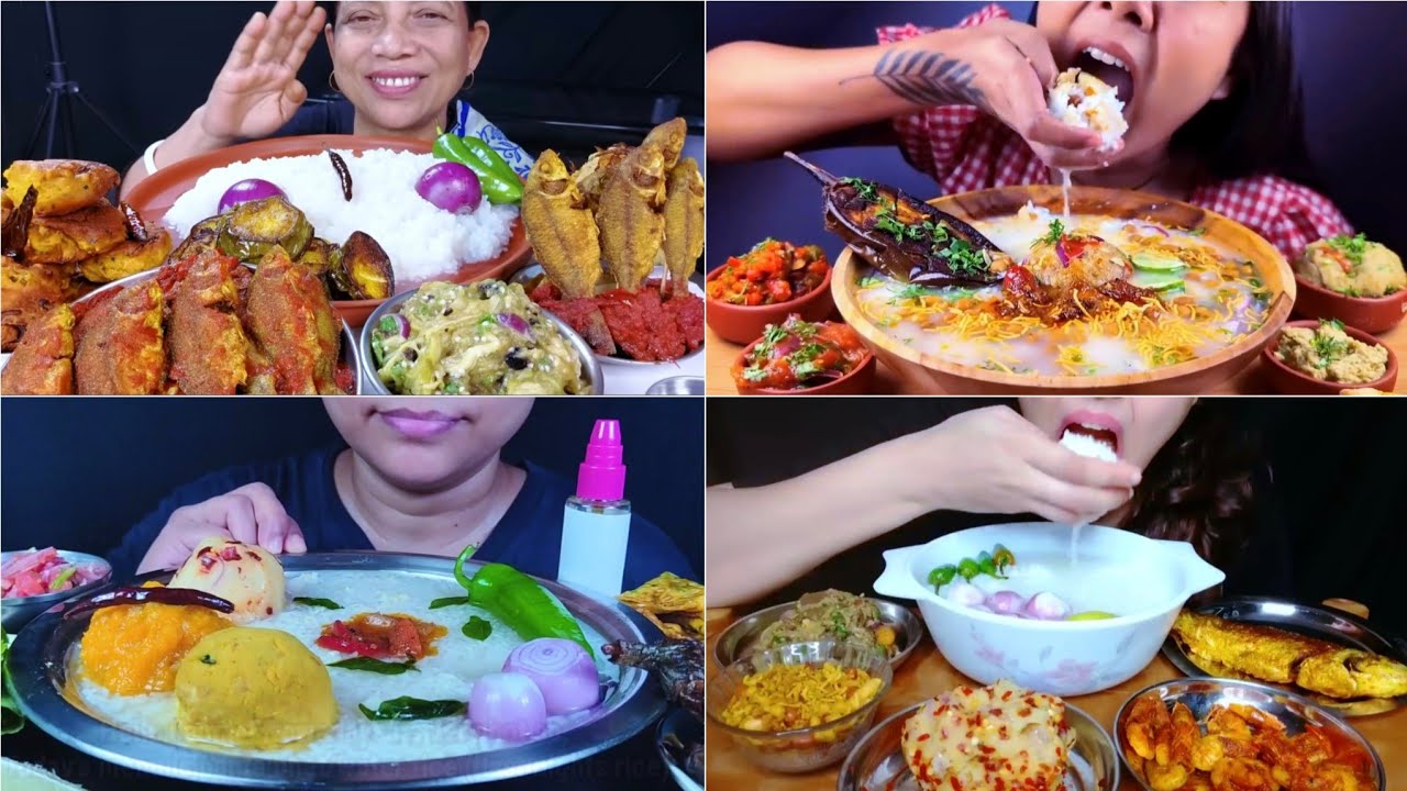 ASMR 🔥 Eating Water Rice (পান্তা ভাত)with Fish Fry 🔥Begun Bharta 🔥Aloo Bharta Begun Bhaja Lemon 🌶 