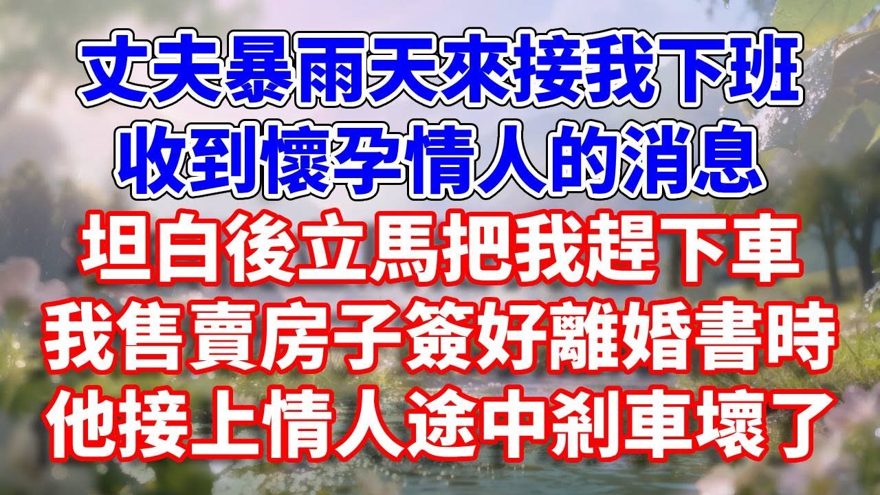丈夫暴雨天來接我下班，收到懷孕情人的消息，坦白後立馬把我趕下車，我售賣房子簽好離婚書時，他接上情人途中剎車壞了#完結 #情感故事 #一口氣看完 #為人處世