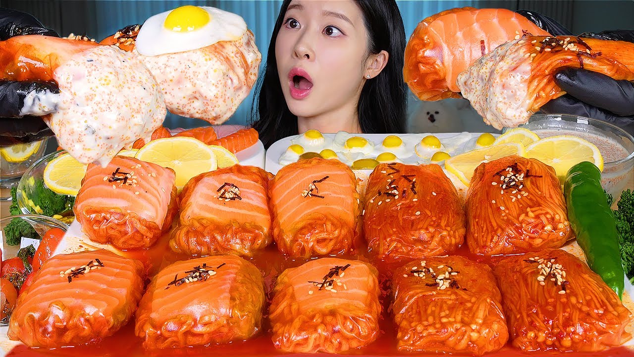 ASMR MUKBANG | 🔥 Роллы булдак с лососем и острые роллы булдак с грибами эноки 🔥 Кремовый соус