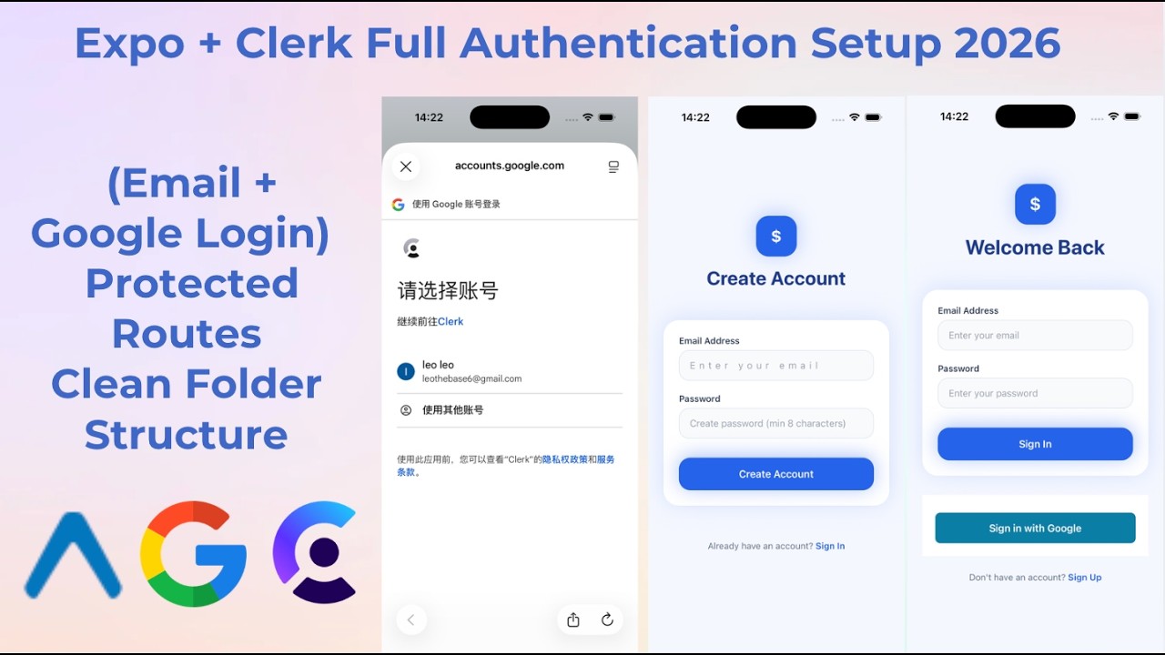 Expo + Clerk Full Authentication Setup 2026  (Email + Google Login) | Protected Routes