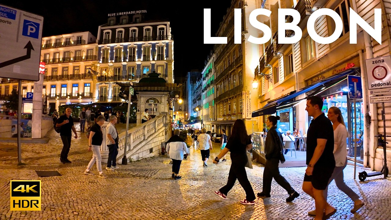 Lisbon PORTUGAL Night WALK 4K HDR - Comércio, Baixa & beyond