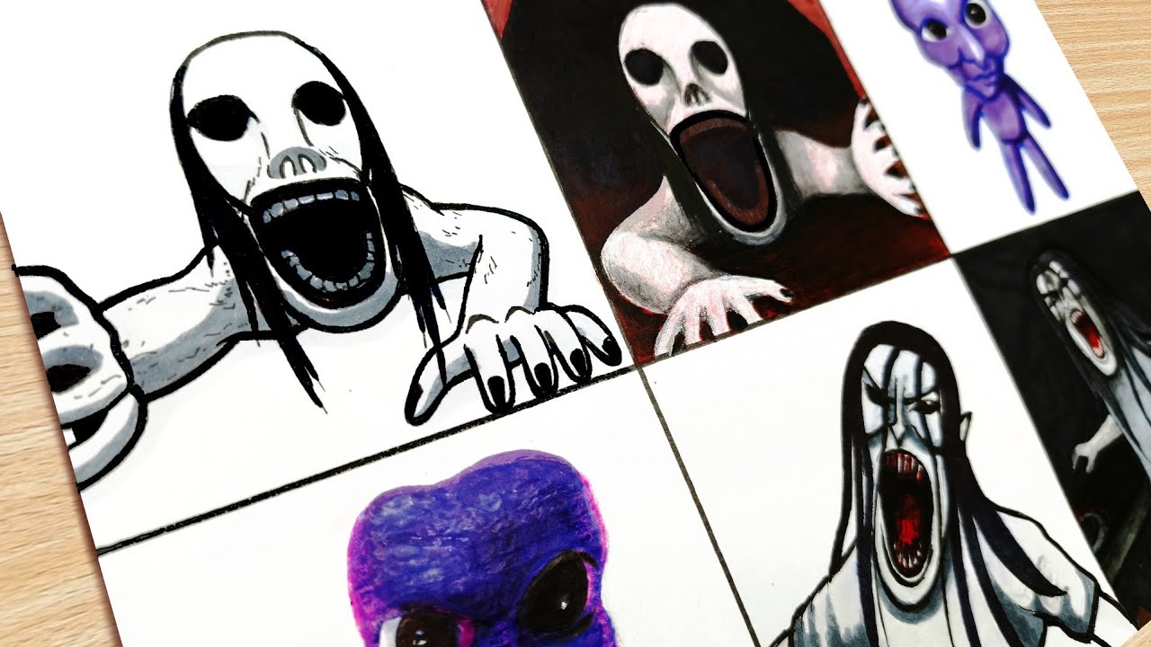Drawing Roblox Monsters PETAPETA x AOONI x TEKE TEKE Nightmares (Cartoon VS Realistic)