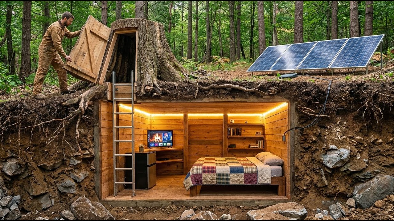 ASMR Forest House Building: Building A Secret Bunker Beneath The Base Of An Ancient Tree