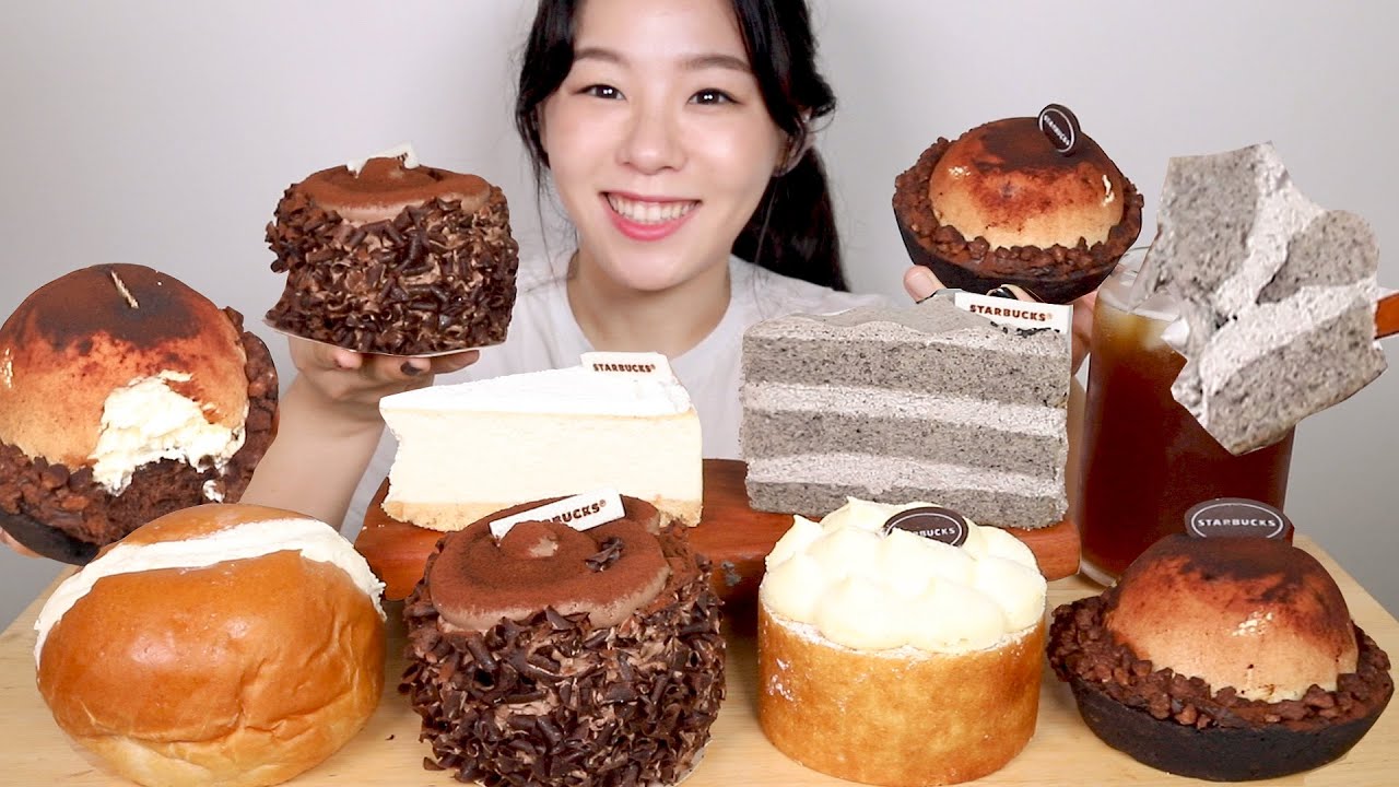 SUB) ASMR Старбакс Шоколадный десерт Мукбанг 🍫 Кремовый хлеб Чизкейк ваниль Тирамису Тарт