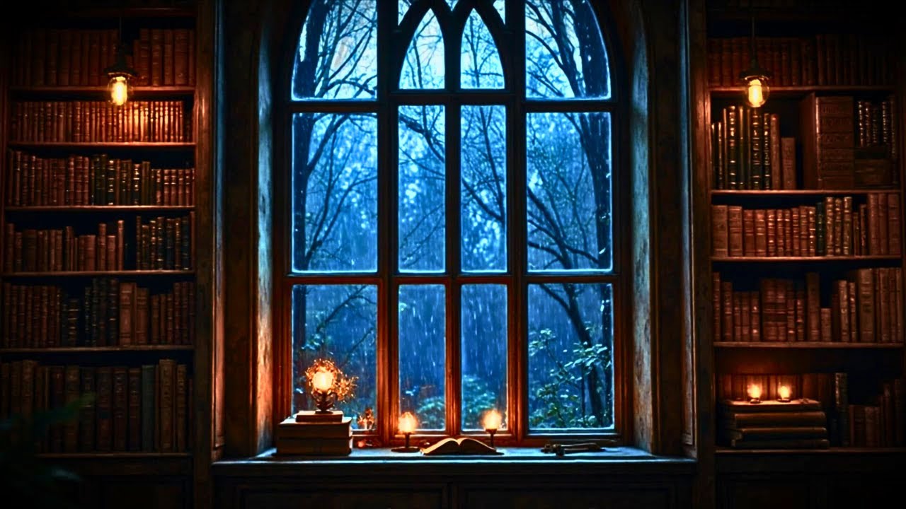Victorian Library Window: Rain, Thunder, Candlelight ambience for sleep, study, focus, creativity.