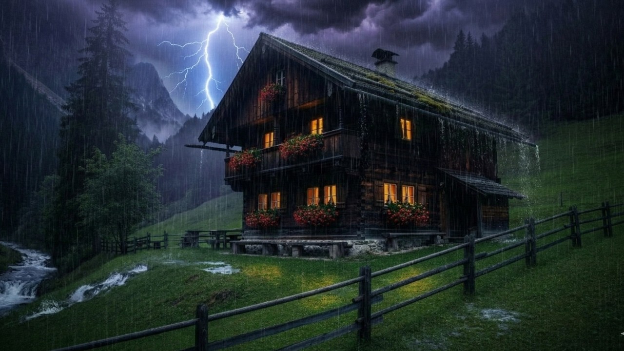 Heavy Night Rain & Thunder at a Cozy Cabin | Powerful Storm Sounds for Deep Sleep (3 Hours)