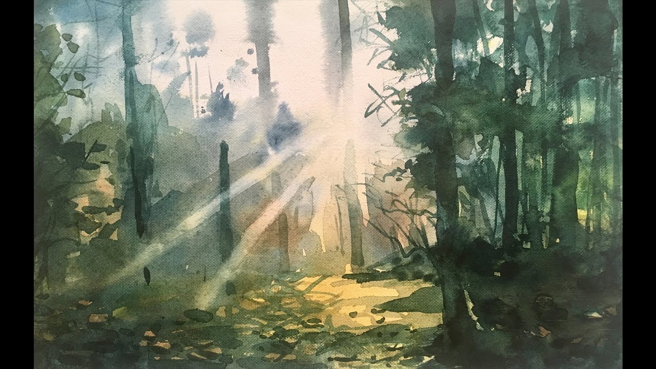 Watercolor painting without drawing of a beautiful forest landscape.