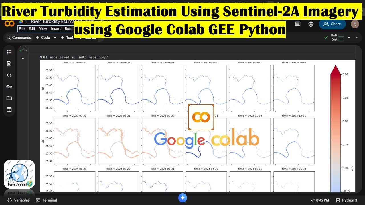 Оценка мутности реки с использованием изображений Sentinel-2A и Google Colab GEE Python