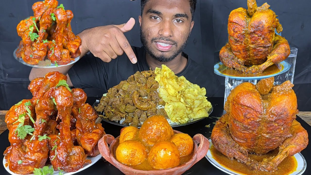 spicy full chicken  curry, mutton fat curry, mutton lungs curry, egg curry and chicken leg piece fry