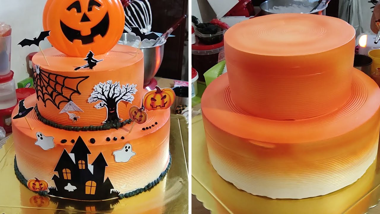 Pastel de Halloween decorado con aerógrafo y detalles en topper