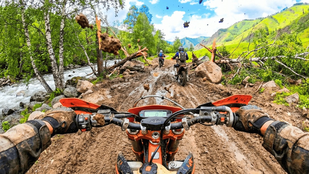Enduro Hard Riding Green Meadow on Mountain Top POV Ride