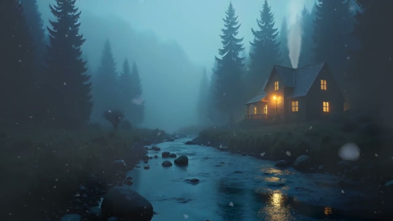 Calm and Lonely Cabin by the River on a Foggy Night, Surrounded by Tall Pine Trees and Deep Silence