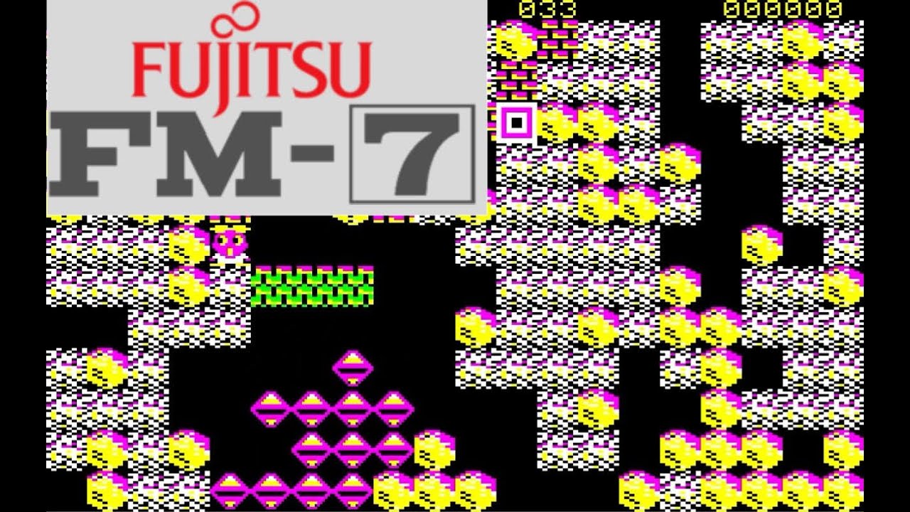 [FM-7] Champion Boulder Dash チャンピオンバルダーダッシュ. CAVE: O, LEVEL1. Fujitsu FM-7, 1985.