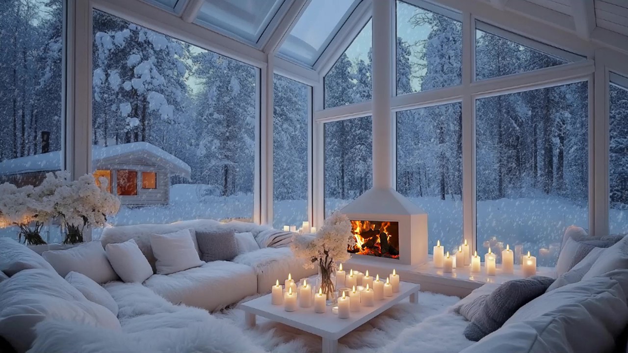 ☃️🎼 Frosted Evening Piano Ambience | Fireplace Warm Glow & Fresh Flowers | Sleep with Ease