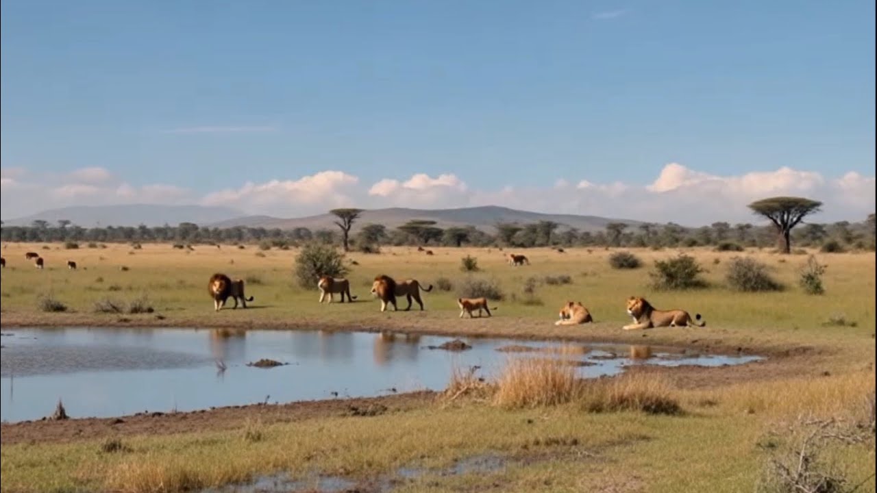 Pride of lions in the African Serengeti: one hour long background