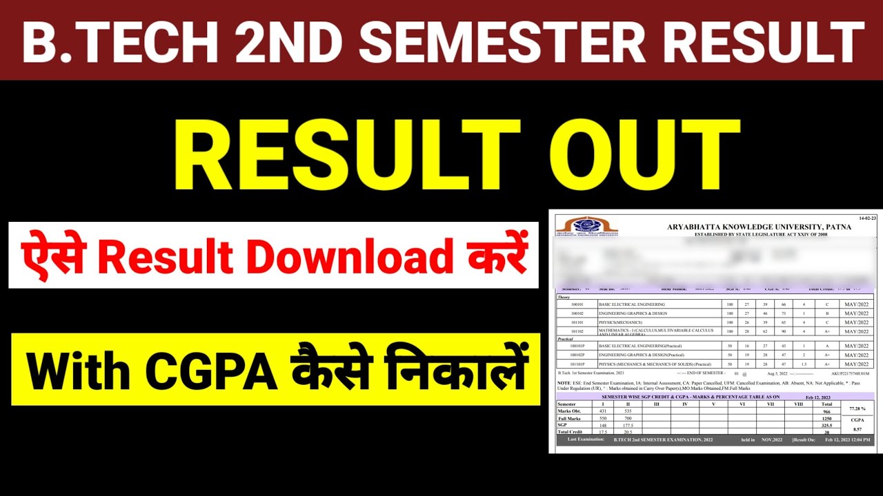 Aku Patna B.Tech 2nd Semester Results 2023 | B.Tech 2nd semester Result Download |